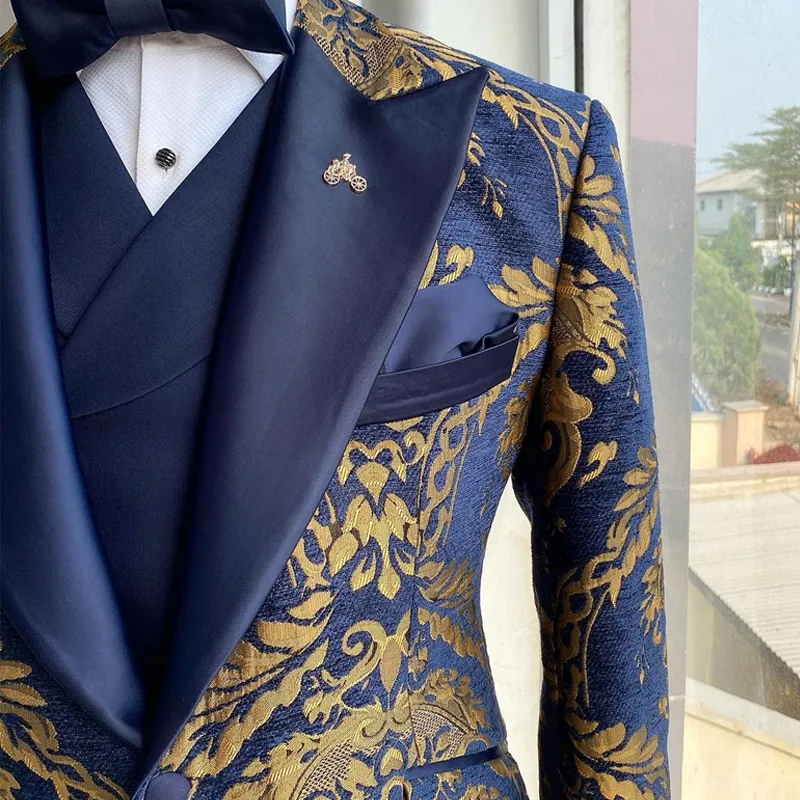 Jacquard Floral Smoking Suits for Men Wedding Slim Fit Fit Blue Navy e Gão de ouro com colete calça 3 peças traje masculino 220725
