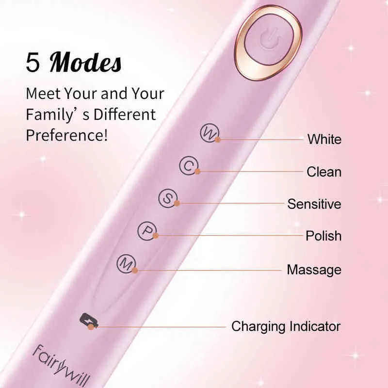 Toothbrush Fairywill Fw-508 Sonic Electric Toothbrush Rechargeable Timer Brush 5 Modes Fast Charge Tooth 8 Heads for Adults 0511