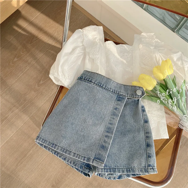 Barnkläder Set Summer Girls Fashion Lace Blue Top Denim Shorts Korean Style Toddlers Casual Pants Jeans 2st 2-7Y 220509