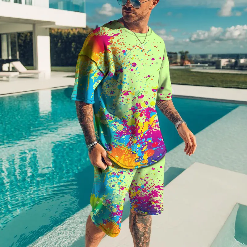 Tracksuit Set Men's Clothing Set Splatter Colorful Paint Stains 3D Print Casual Men Sets Short Outfits T ShirtShorts Male 220622