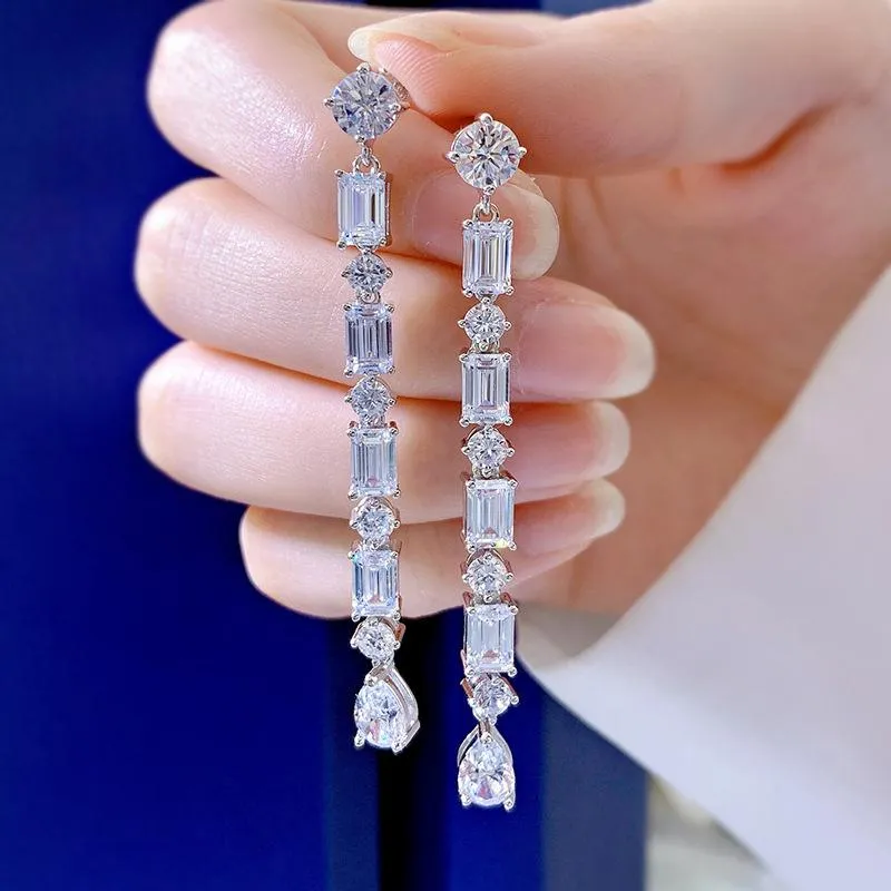 Lampadario pendente lungo orecchino di diamanti 100% reale argento sterling 925 orecchini pendenti da sposa le donne promessa di fidanzamento nuziale J225c