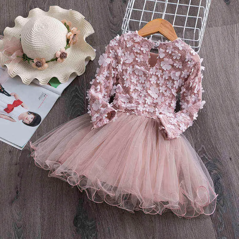 Robe de princesse pour enfants à manches longues fleur applique robe d'anniversaire soirée porm robes robe causale enfants automne vêtements G220428