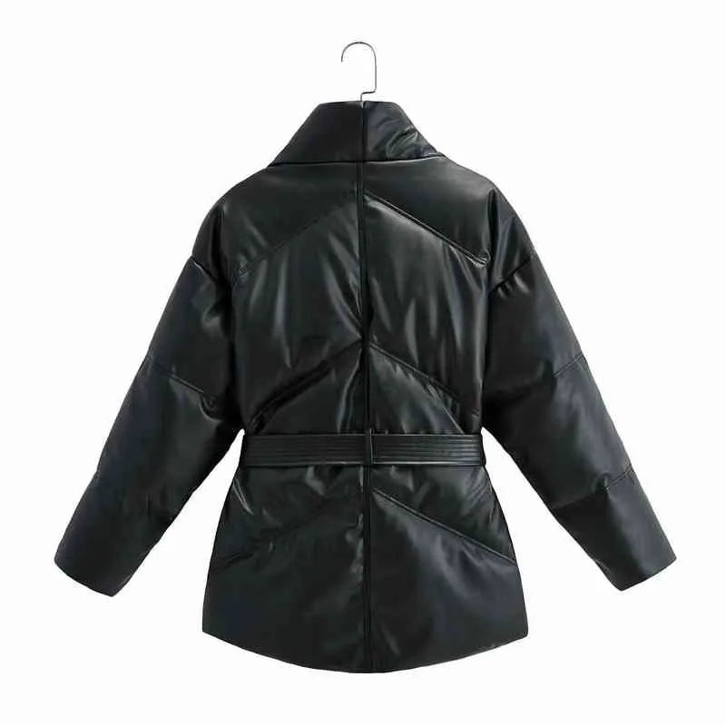 2021ニューファッション女性冬のビンテージブラック濃い暖かいフェイクレザーパーカー女性エレガントなプージッパーベルトパッド入りジャケットオーバーコートl220725