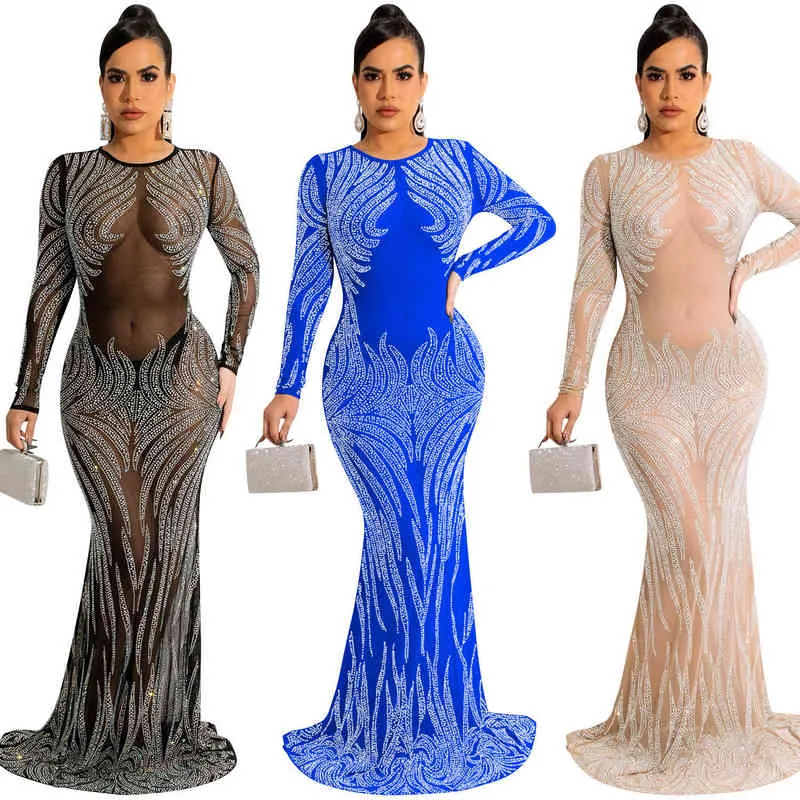 Zocttuo Sukienka Kobiet Solid Diamonds Urodziny Suknie Elegancki Z Długim Rękawem O-Neck Chic Y2K Party Nosić Kobiece Lady Popularne Vestidos Y220401