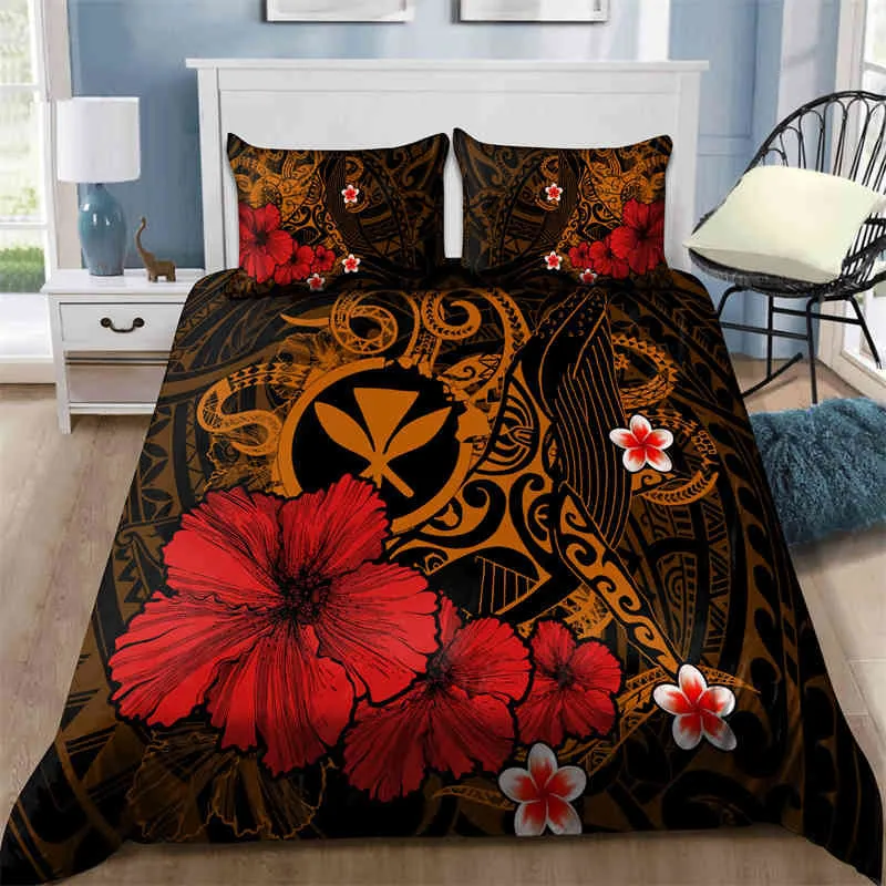 Hibiskus-Blumen-Bettbezug, Stammes-, polynesische Schildkröten-Bettwäsche-Set, Plumeria, hawaiianische Bettdecke, Twin-Full-King-Size-Bett für Kinder und Erwachsene