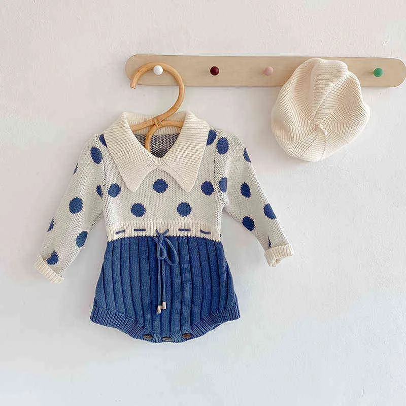 0-24M Nouveau-né Enfant Bébé Filles Hiver Vêtements Chauds Polka Dot Imprimer Tricot Barboteuse Élégant Mignon Pull Doux Barboteuse Combinaison Tricots G220510