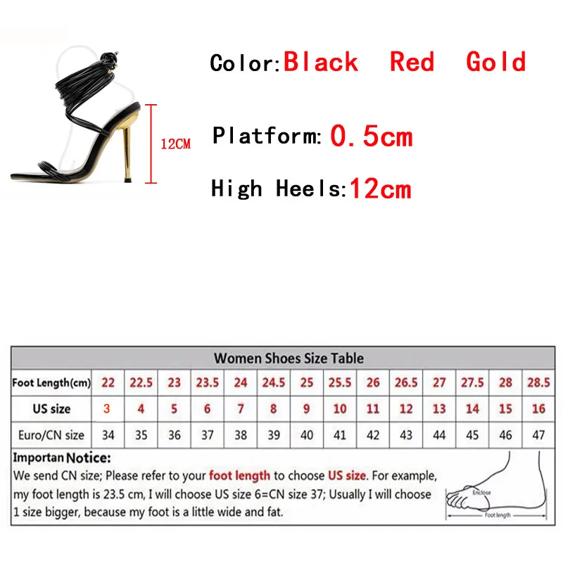 여성을위한 여름 12CM 검투사 발 뒤꿈치 샌들 패션 지적 오픈 발가락 레이스 업 스틸레토 숙녀 스트랩 웨딩 신발 블랙 레드 220328