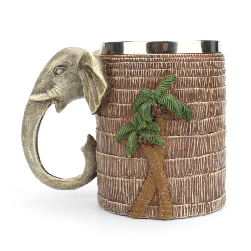 Tropical Rainforest Elephant Mug Cup 304 Stainless Steel Resin Drink Water Coffee Cup 600ML Bar Home Trunk Handle Creative Gift CX220513