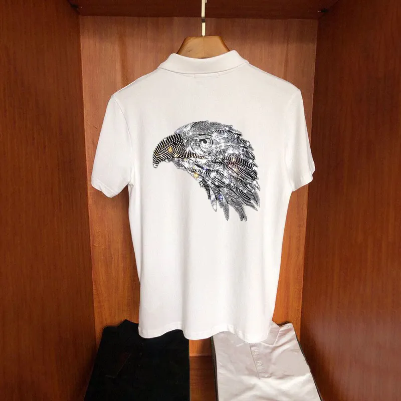 Свободная черно-белая летняя мужская рубашка-поло с блестящими животными и бриллиантами, красивая молодежная рубашка с короткими рукавами, большие размеры 5XL 220504