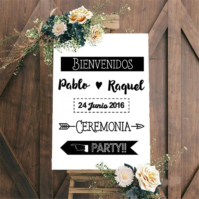 Binidos Nazwa i data ceremonii impreza hiszpańska deska weselna dekoracje dekoracje znak recepcji zdejmowane winylowe naklejki ścienne HY2227 220613