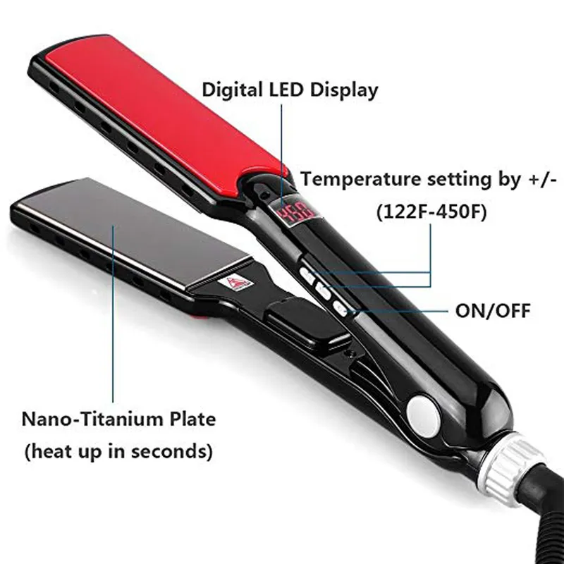 Nano-plakalı profesyonel 1.5 inç düz demir saç düzleştirici anti-frizz çift voltajlı dijital 220623