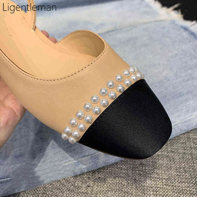 Robe chaussures perles sandales femme basique deux couleurs épissage classique chaîne travail grande taille talon bas mode femmes 220316