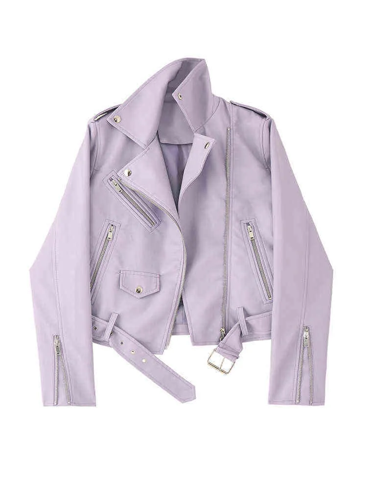 FTLZZ printemps automne femmes Faux cuir veste Streetwear revers violet cuir Pu manteau ample avec ceinture dame vêtements d'extérieur L220728