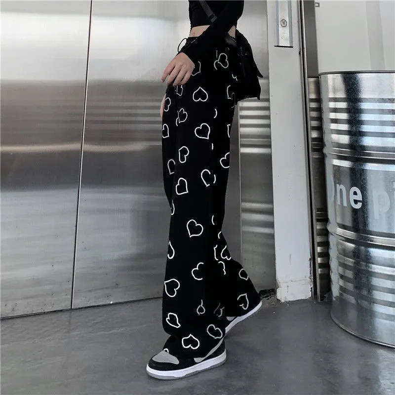 HOUZHOU Hip Hop Wide Leg Pant Vintage Korean Style Oversize Trousers For Female Fashion Spring Harajuku Heart Print 220325