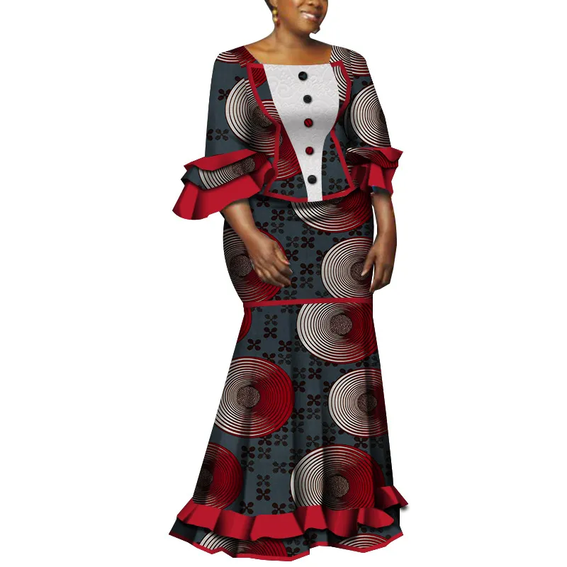 Bintarealwax Двух кусочков платье Африканское припечатное костюм для женской вечеринки свадебная одежда Top Blouse Длинная юбка для карандашей 2 шт.