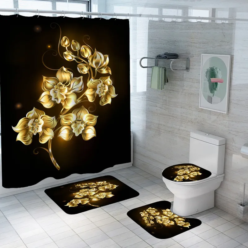 Shiny Blue Golden Rose Ensemble de rideau de douche imperméable Tapis de couverture de toilette Tapis de bain antidérapant Salle de bain Saint Valentin Décoration de Noël 220423