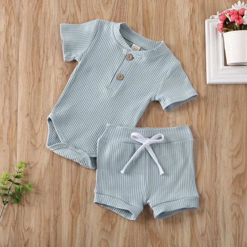 Pydcoco US Stock 024m 2st 3 färger Kid Baby Boy Girl Clothes Set Sticking Short Sleeve Bodysuit Shorts Outfits Summer Set 220608