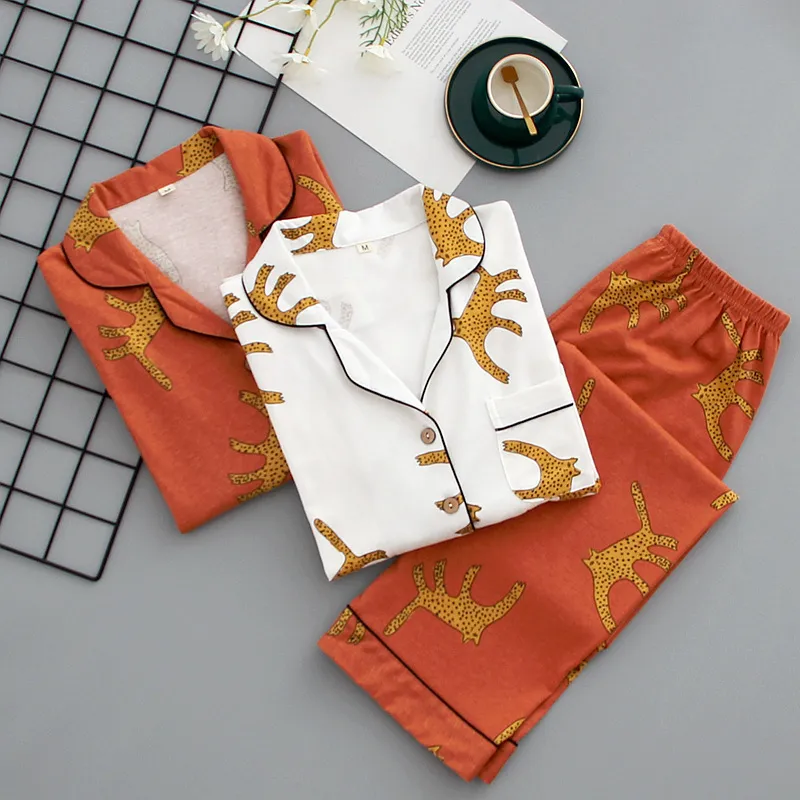 Dames de style japonais 100% coton costume imprimé léopard pantalon à manches longues pyjama printemps automne hiver service à domicile femmes 220329