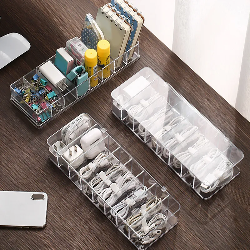 Câble Boîte De Rangement En Plastique Transparent Ligne De Données Conteneur Bureau Papeterie Maquillage Organisateur Clé Bijoux Titulaire De Bureau 220809