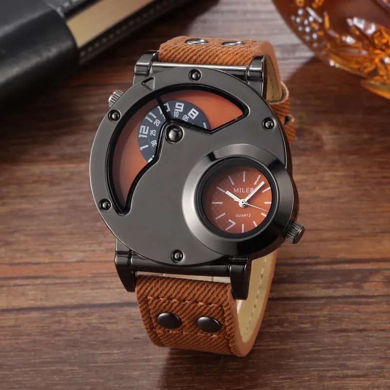 Mode Cowboy bleu Denim montres hommes montres de sport 2 fuseau horaire bracelet en cuir montres à Quartz homme montre Relogio Masculino 220275w