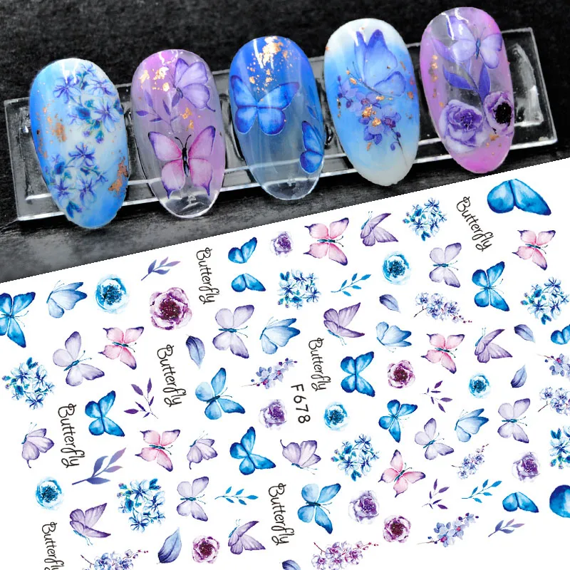 Kelebek Tırnak Etiketler Mavi Siyah Holografik Tırnak Çıkartmaları Bahar Çiçekler Tema Kaymak Kendinden Yapışkanlı 3D Nail Art Dekorasyon DIY