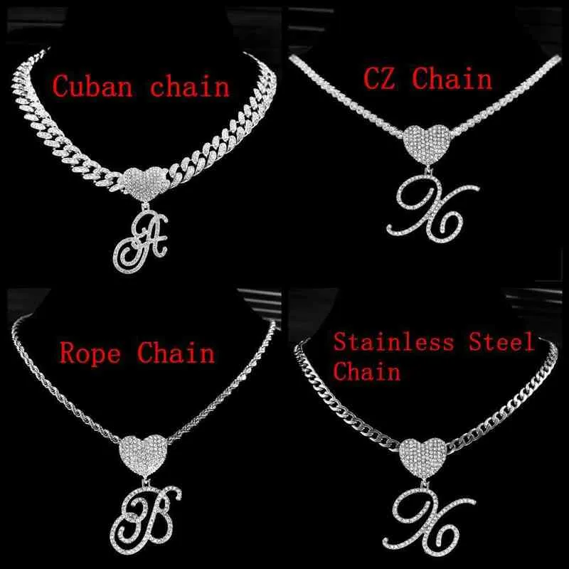 HBP Nieuwe A-z Cursieve Letter Hart Hanger Iced Out Cubaanse Ketting voor Vrouwen Initial Zirkoon Link Chain Choker Hip Hop sieraden 220008202w