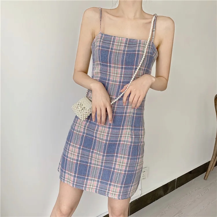Summer women s dress Y2K slim and thin plaid skirt small fresh retro sweet student sling clothing Dresses 220602