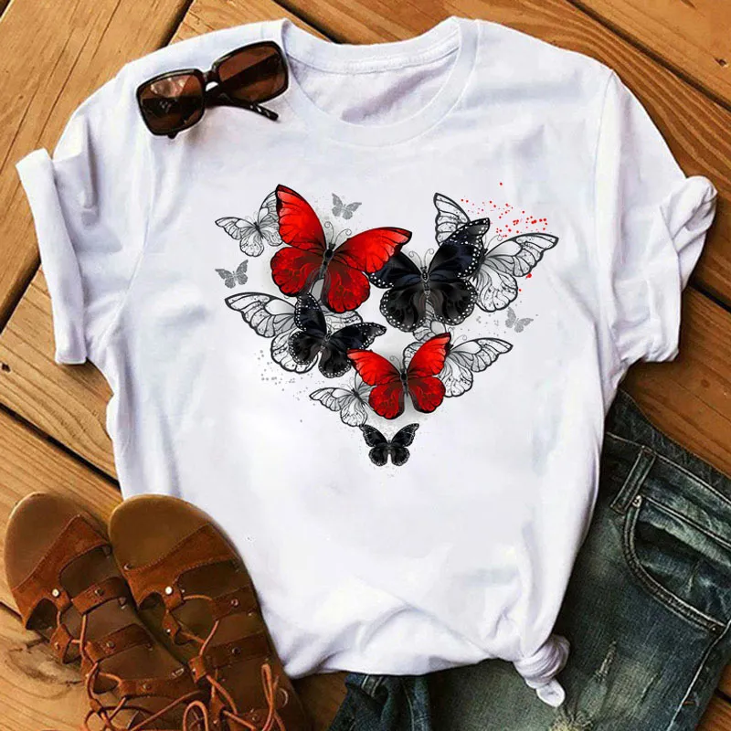 여자 나비 나무 프린트하라 주쿠 여름 Tshirts 캐주얼 둥근 목 목나