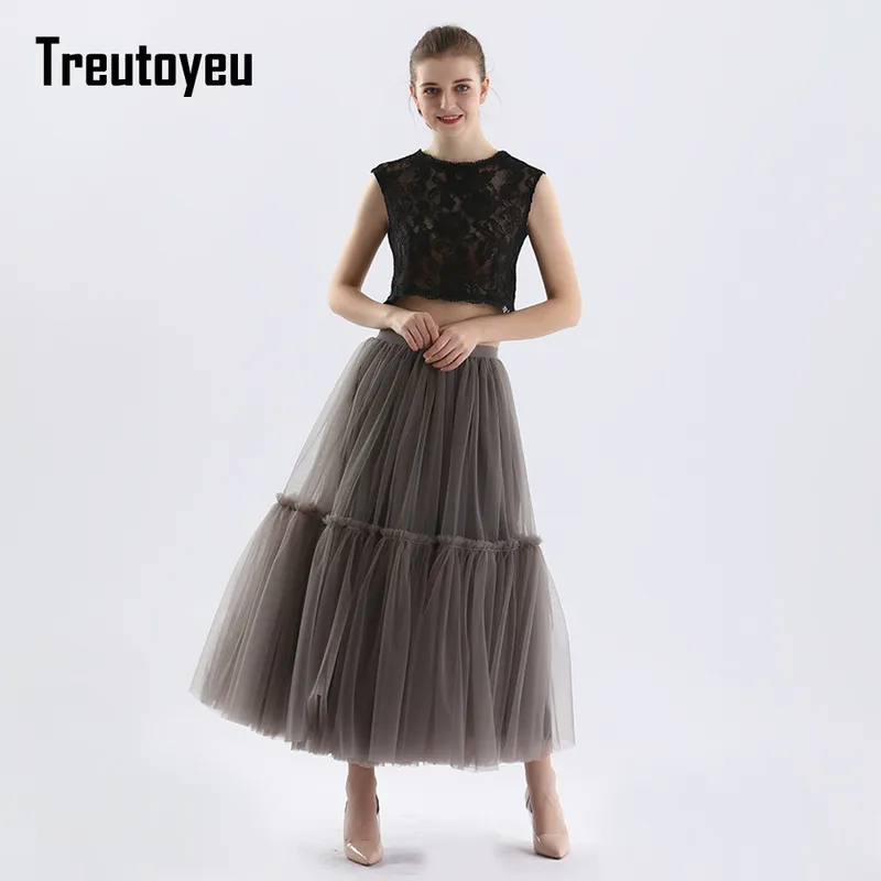 Treutoyeu Vintage Gothic Black White Pleated Long Tulle Skirt Tutu Femme High Waisted Runway Soft Mesh Skirts Womens Jupe 220317