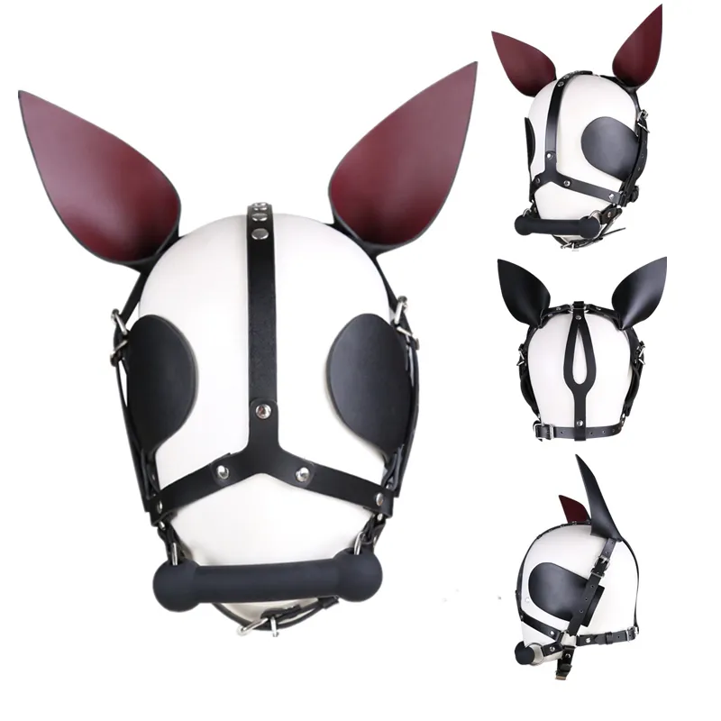 Fetischläder Harness Head Piece Hood Mask med silikon Ben Mun Gag Ears Eye Shade Bit Bendel för Pony Pet Cosplay BDSM 220726