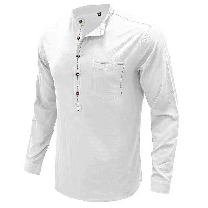 Nouveaux hommes Casual Blouse Coton Lin Chemise Lâche Tops À Manches Longues Tee Shirt Printemps Automne Casual Bouton Solide Beau Hommes Chemise L220704