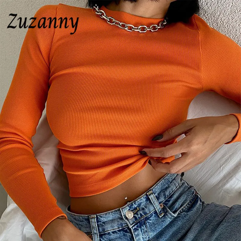 Zuzanny O Neck Long Sleeve Crop Top Fashion Ladies Clothing Solid Basic TシャツRibberカジュアルスキニー白いスリム女性トップ220810