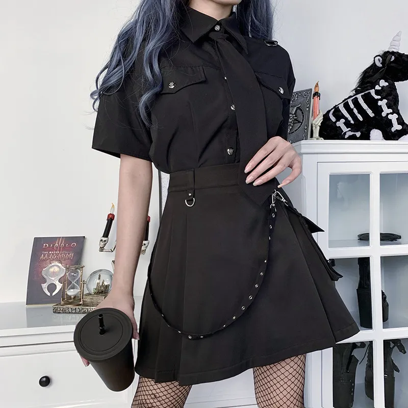 Harajuku Punk Gothic Black High Waist Skirts Women Sexy Patchwork Bandage Mini Female Streetwear 220317