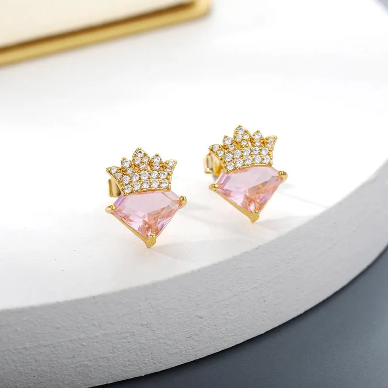 Stud Stainless Steel Crown Diamond Earrings For Women Gold Girl Birthday Wedding Anniversary Fashion Jewelry GiftStud213m