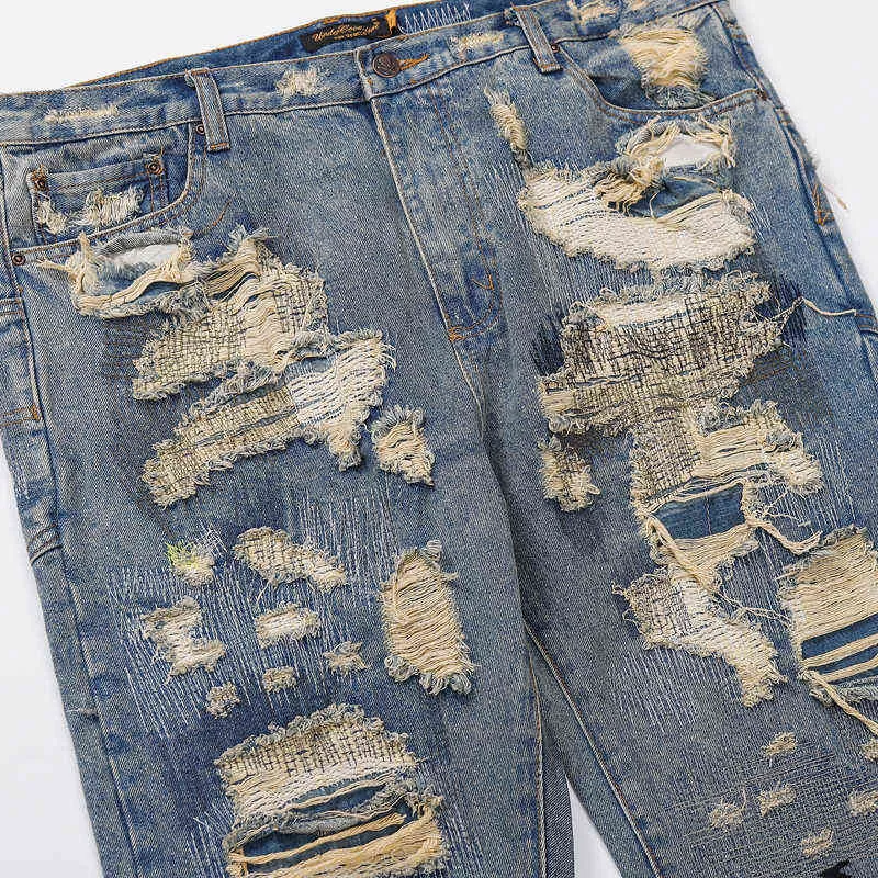Hip Hop Hole Damage Straight Jeans Masculino Feminino Boa Qualidade Vintage High Street Casual Calça Cowboy T220803