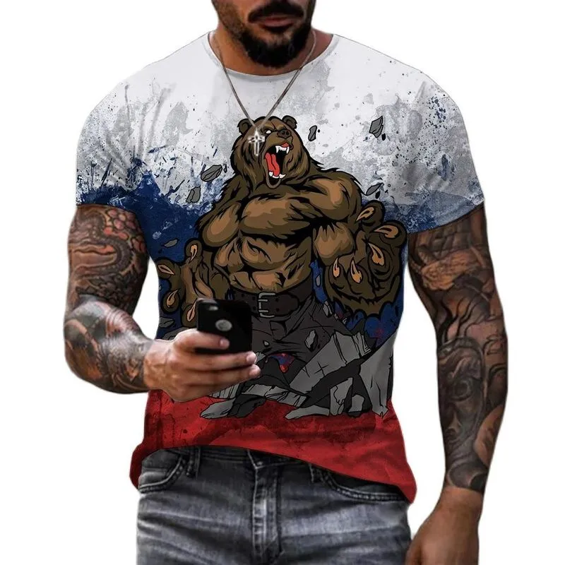 패션 러시아 베어 3D 프린트 남성 S T 셔츠 여름 라운드 넥 러시아 깃발 짧은 소매 의류 스트리트웨어 대형 상단 220712