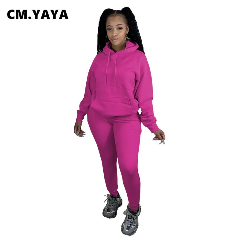 CM.Yaya Active Sweatsue Två Set för Kvinnor Vinter Fitness Outfit Fleece Pullover Hoodies + Jogger Byxor Matchande Tracksuit 220315
