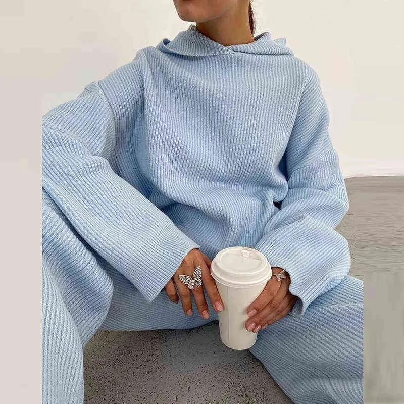 Two Piece Sets Women Homewear Spring Rib Knitted Soft Pajamas Casual Solid Loose Hooded Tops And Wide Leg Pants Suit Sportswear T220729