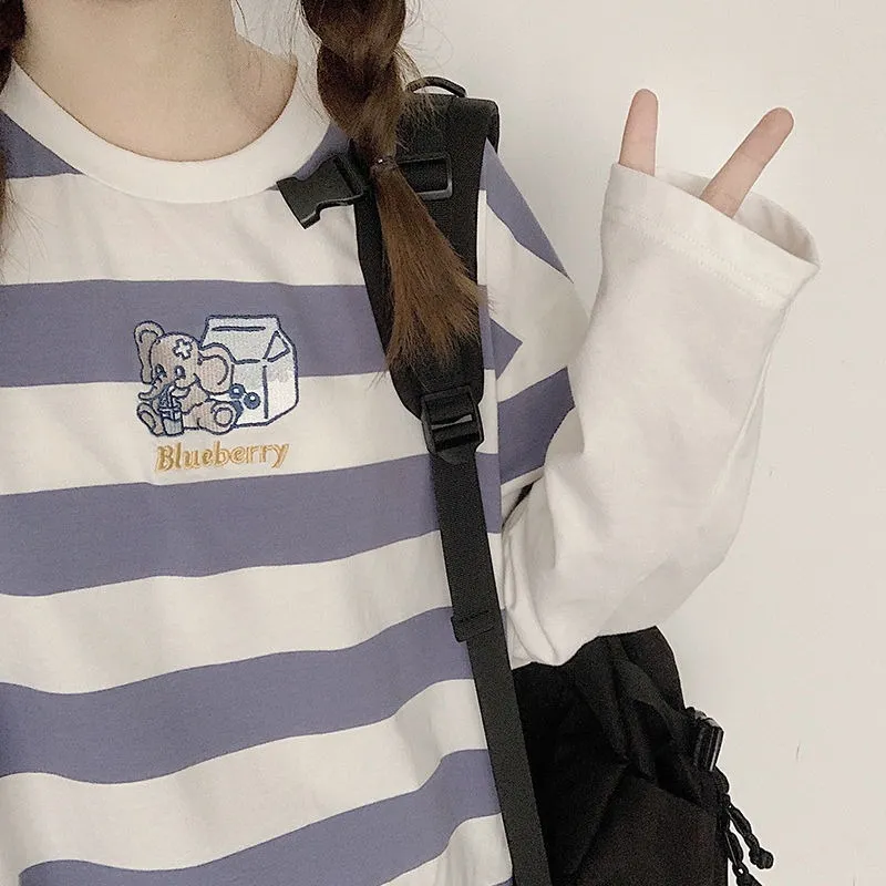 Striped Fake Two Piece Långärmad T-shirt Kvinnor Vår och Sommar Koreansk version Ins Loose T-shirt Casual College Wind Top 220328