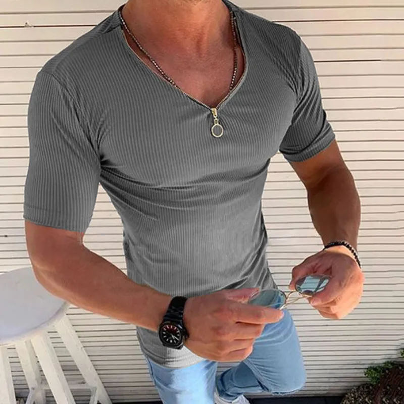 Chemises pour hommes Zipper col en V T-shirt Designer de mode Vêtements pour hommes Streetwear Tshirt Casual Solid Slim Fit Tops à manches courtes 220526