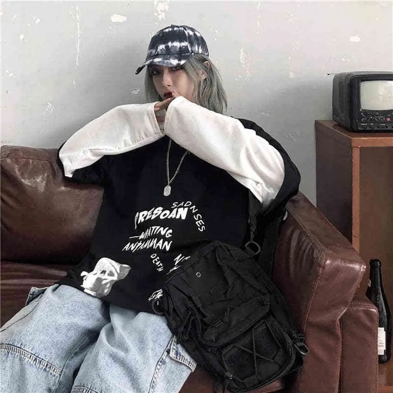 NicemixブラックレタープリントTシャツ緩いパンクTシャツ秋のハイストリートTシャツ面白い長袖ストリートウェアGIR 220328