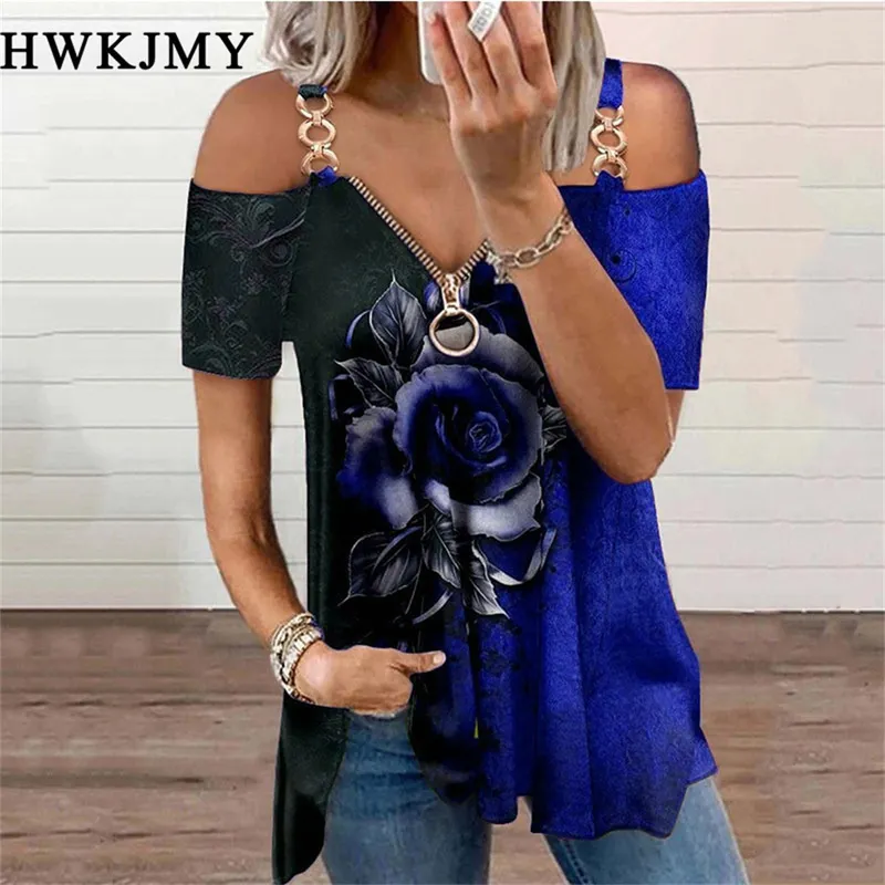 Women Summer V-neck Zipper Shirt Rose Print Chain Strap Off Shoulder Blouse Woman Clothing Short Sleeve Streetwear Tops 220407