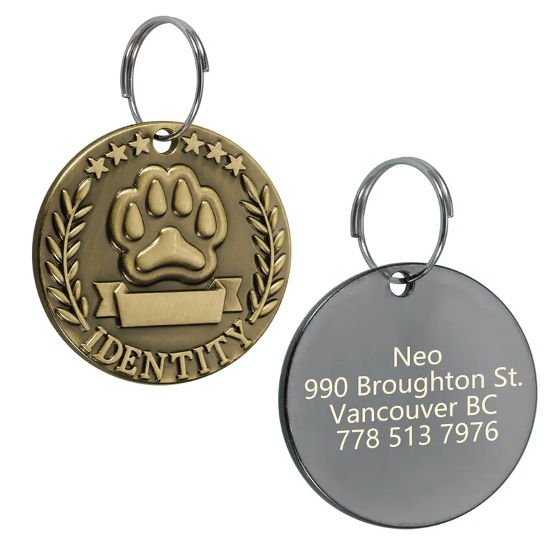 Étiquette d'identification d'animaux gravée personnalisable pour chien chat, plaque signalétique en Bronze, numéro d'adresse anti-perte personnalisé, pendentif d'identification de collier de chien 220610