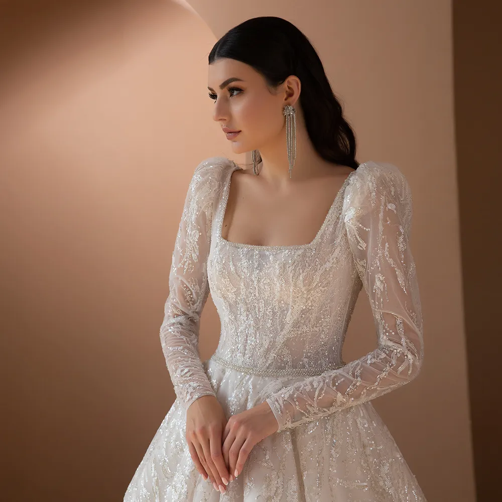 Vestido de noiva długie rękawowe suknia balowa sukienka ślubna szaty paska de Mariage luksus kłopot
