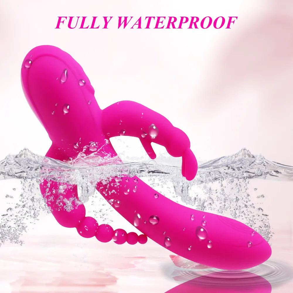 Kraftfull dildo kaninvibrator silikon anal vaginal klitstimulator massager 3 i 1 laddningsbar sexig leksak för kvinnor eller par