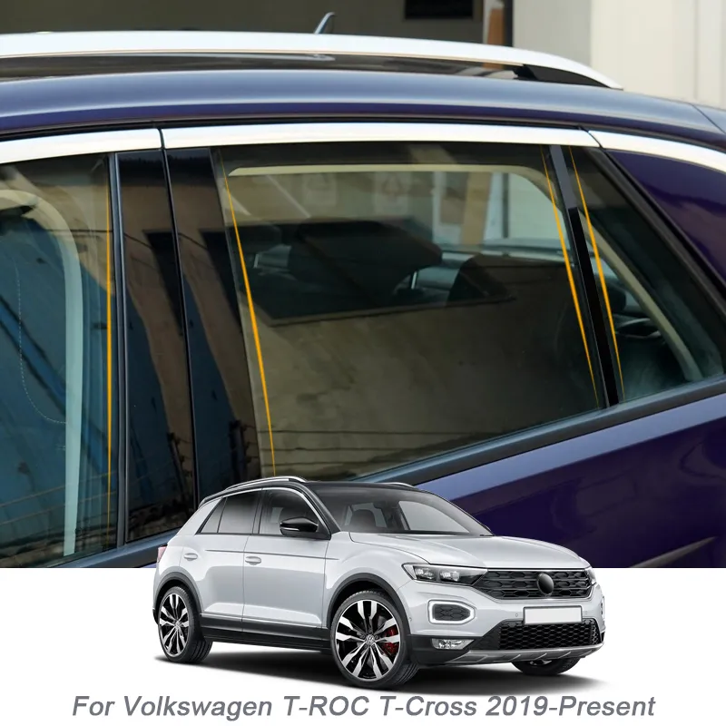 6st CAR Window Center Piller Sticker PVC Trim Anti-Scratch Film för Volkswagen T-Roc T-Cross 2019-Present Auto Accessories