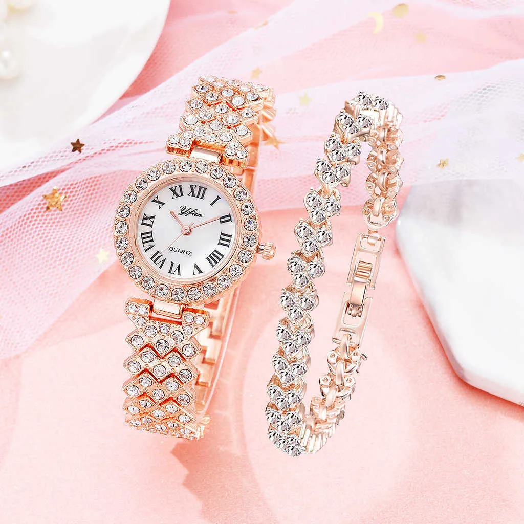Orologio da donna di lusso in oro rosa Orologio da polso con diamanti al quarzo da donna alla moda Elegante braccialetto femminile Orologi Set da 2 pezzi