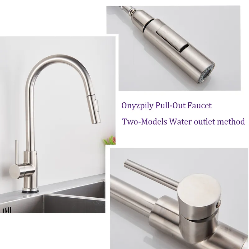 Onyztily Brushed Nickel Mixer Torneira Única Buraco Pull Out Spout Kitchen Sink Torneira Chave Chefre Chefrome / Preto 220401