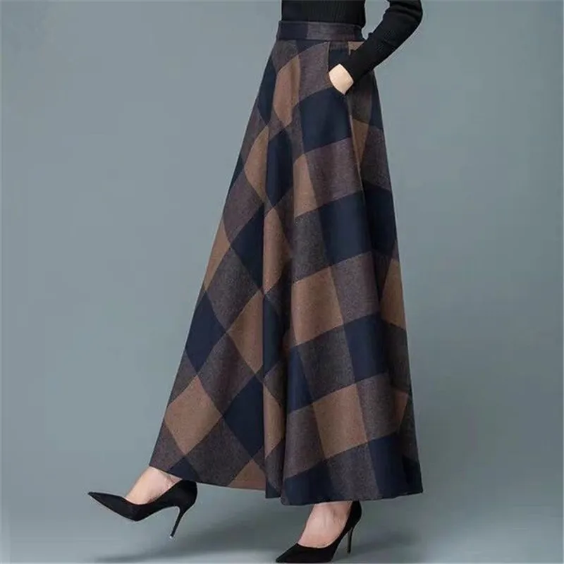 Vintage A-Line High Waisen Gonne di lana Autunno inverno moda donna maxi femmina casual lungo streetwear 220317