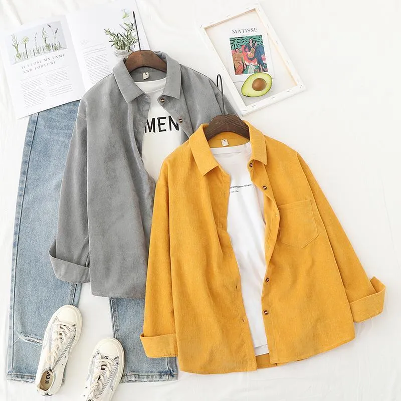 woman shirts Spring Retro Corduroy Shirt Women s Coat Hong Kong Style Ins Loose Long Sleeves Outer Match 220714